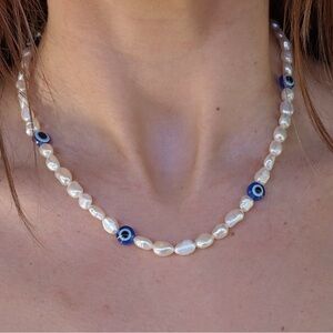 Handmade Freshwater Pearl Evil Eye Necklace | Gold Toggle |